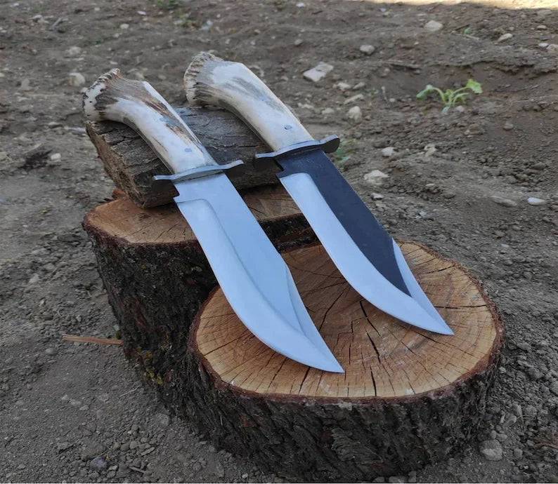 Handmade forged steel Bowie knife with deer horn handle, custom style, personalized gift by Knives Gear Garage.