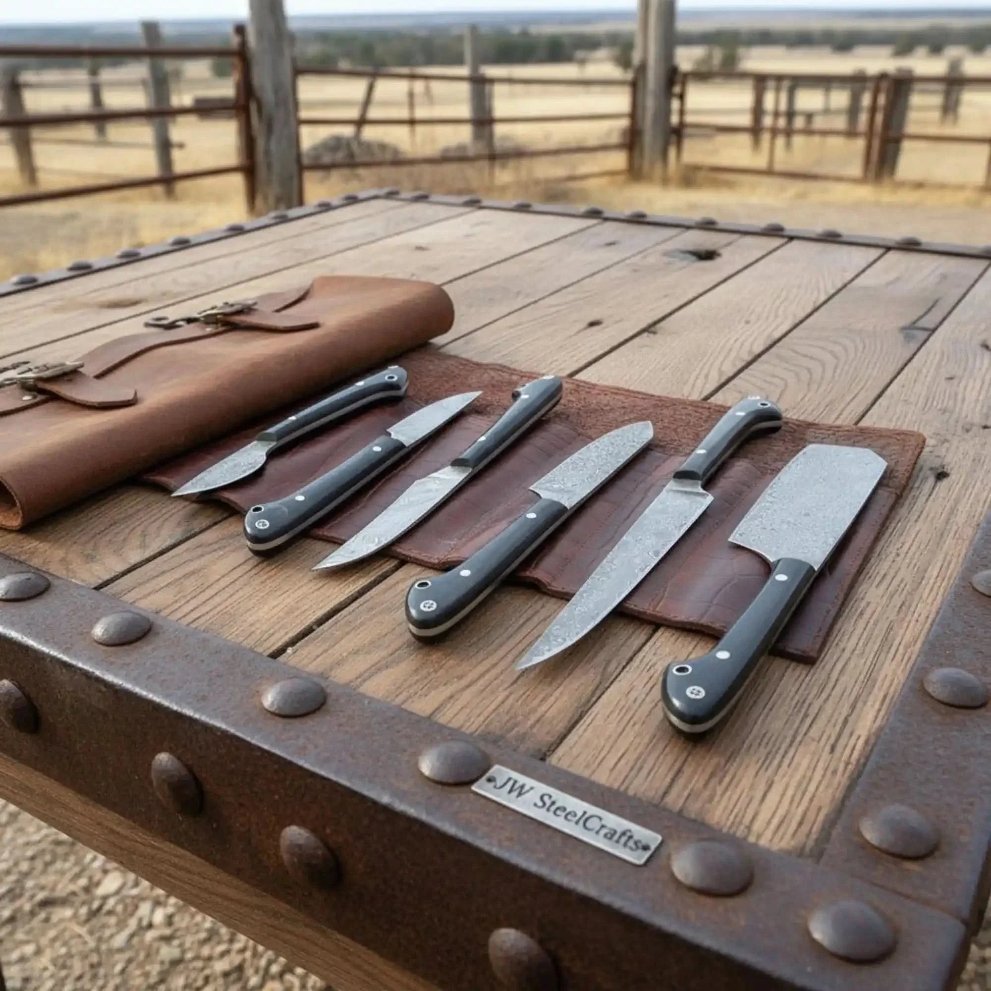 6-Piece Damascus Kitchen Knife Set with Leather Roll — Black Resin Handles, Steel Bolsters, 7 to 10 Inch Blades | JW Steel Crafts