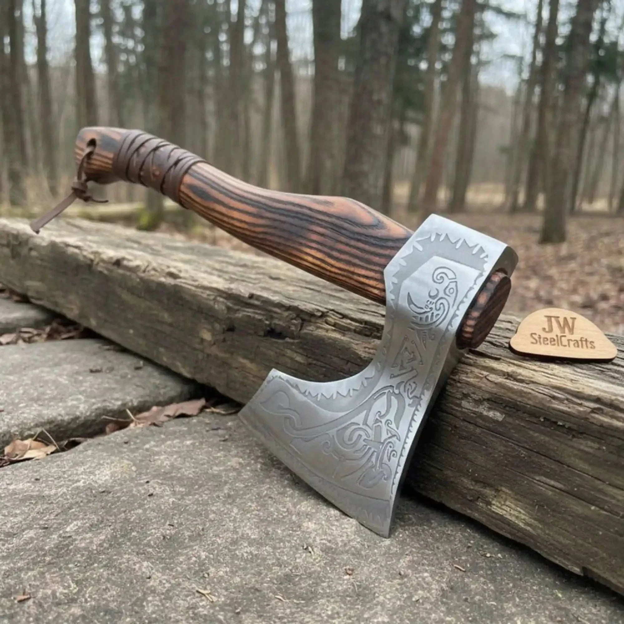 Engraved Carbon Steel Ragnar Axe with Bearded Head