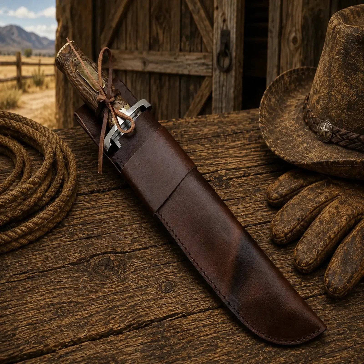 Iron Mistress Bowie Knife by SHAM KNIVES with D2 steel blade and wood handle, featuring a Damascus-style design.
