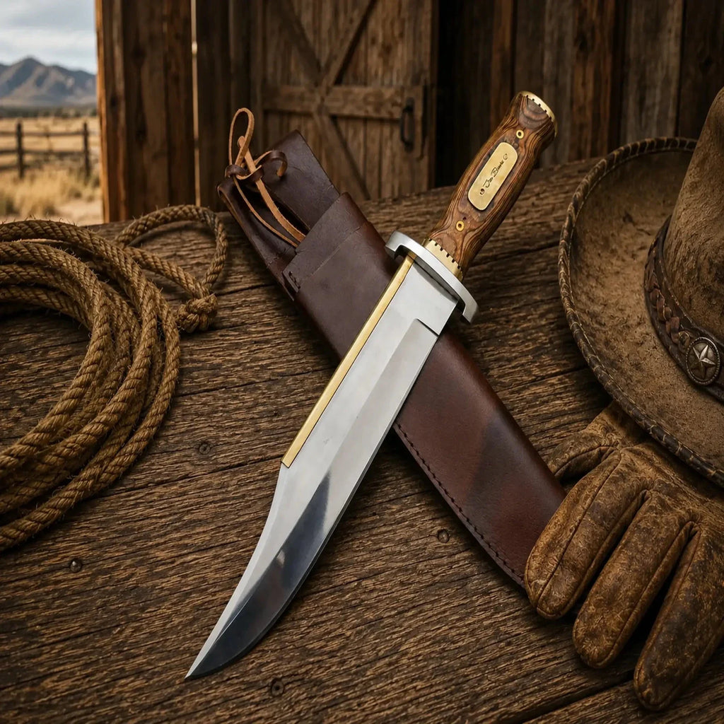 Iron Mistress Bowie Knife by SHAM KNIVES with D2 steel blade and wood handle, showcasing a durable and stylish design.
