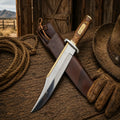Iron Mistress Bowie Knife by SHAM KNIVES with D2 steel blade and wood handle, showcasing a durable and stylish design.
