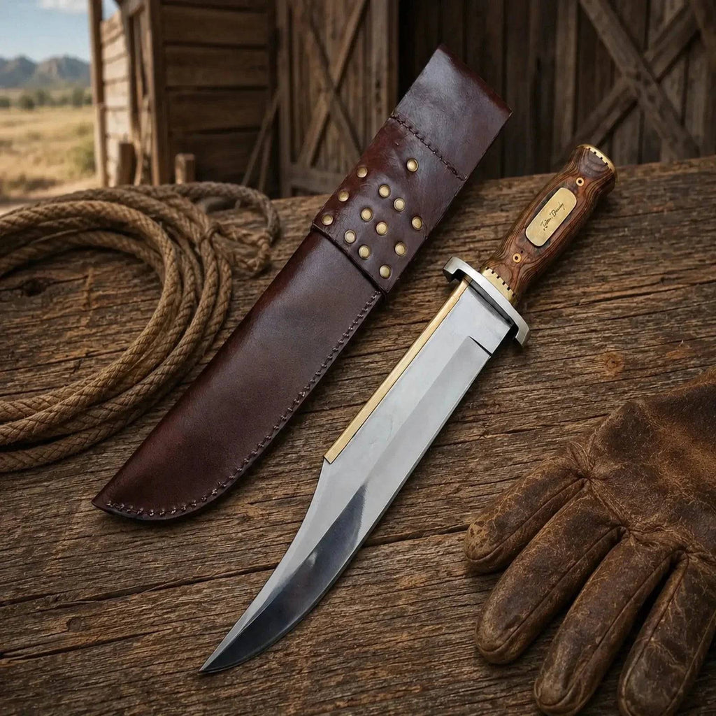SHAM KNIVES Iron Mistress Bowie Knife with D2 steel blade and wood handle, showcasing a Damascus-style design and sharp edge.
