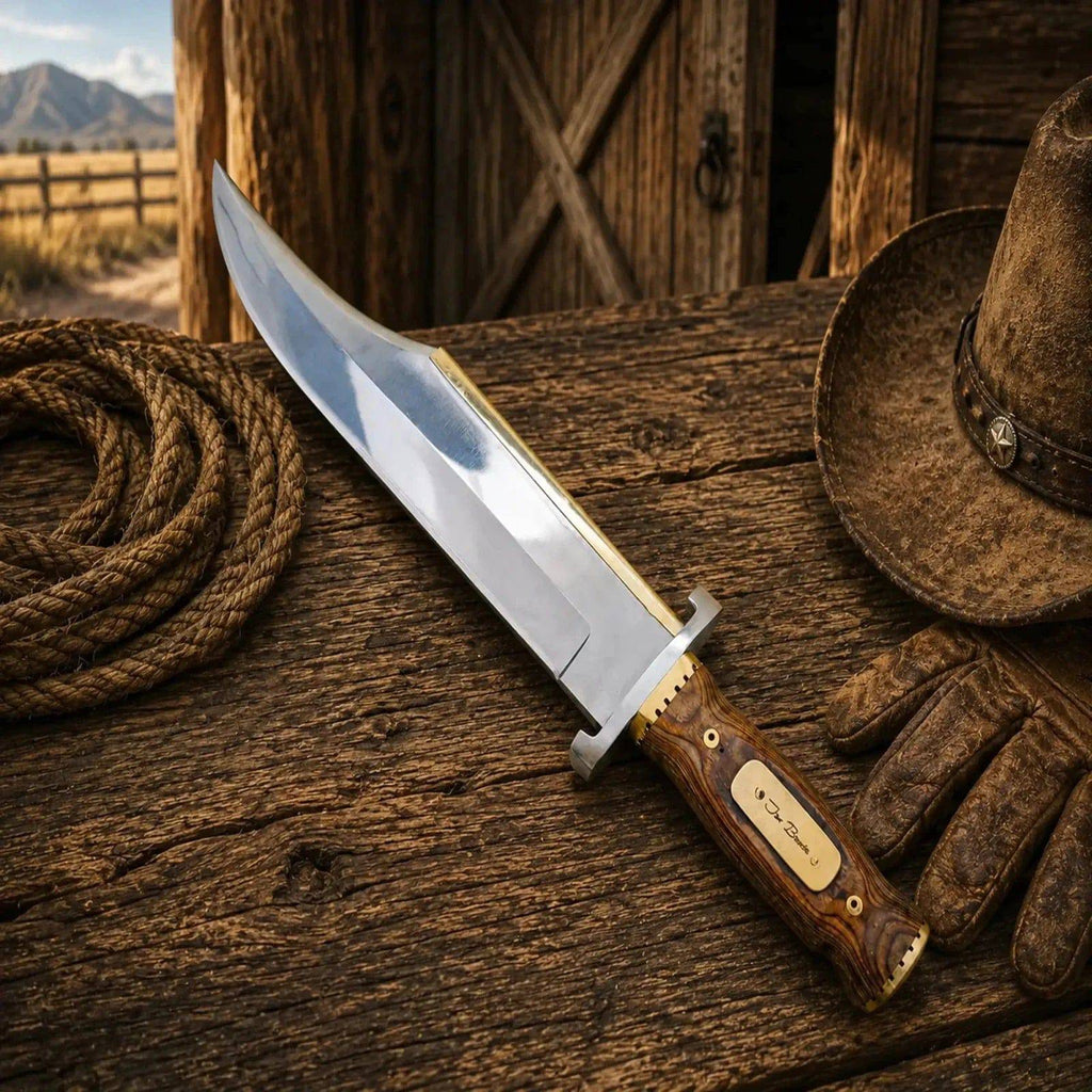 SHAM KNIVES Iron Mistress Bowie Knife with D2 steel blade and wood handle, showcasing a Damascus-style design and sturdy construction.
