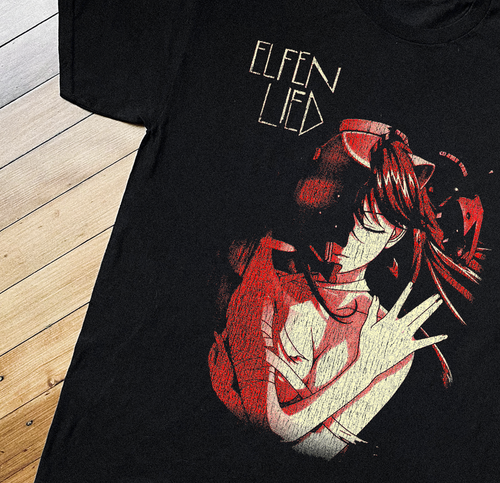 Close-up of Parallel black Elfen Lied T-shirt featuring detailed graphic design and logo on the front.