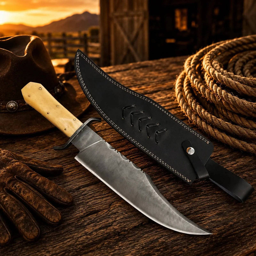 Juan Padillo Bowie Knife by SHAM KNIVES with 5160 spring steel blade and bone handle, featuring Damascus steel accents.