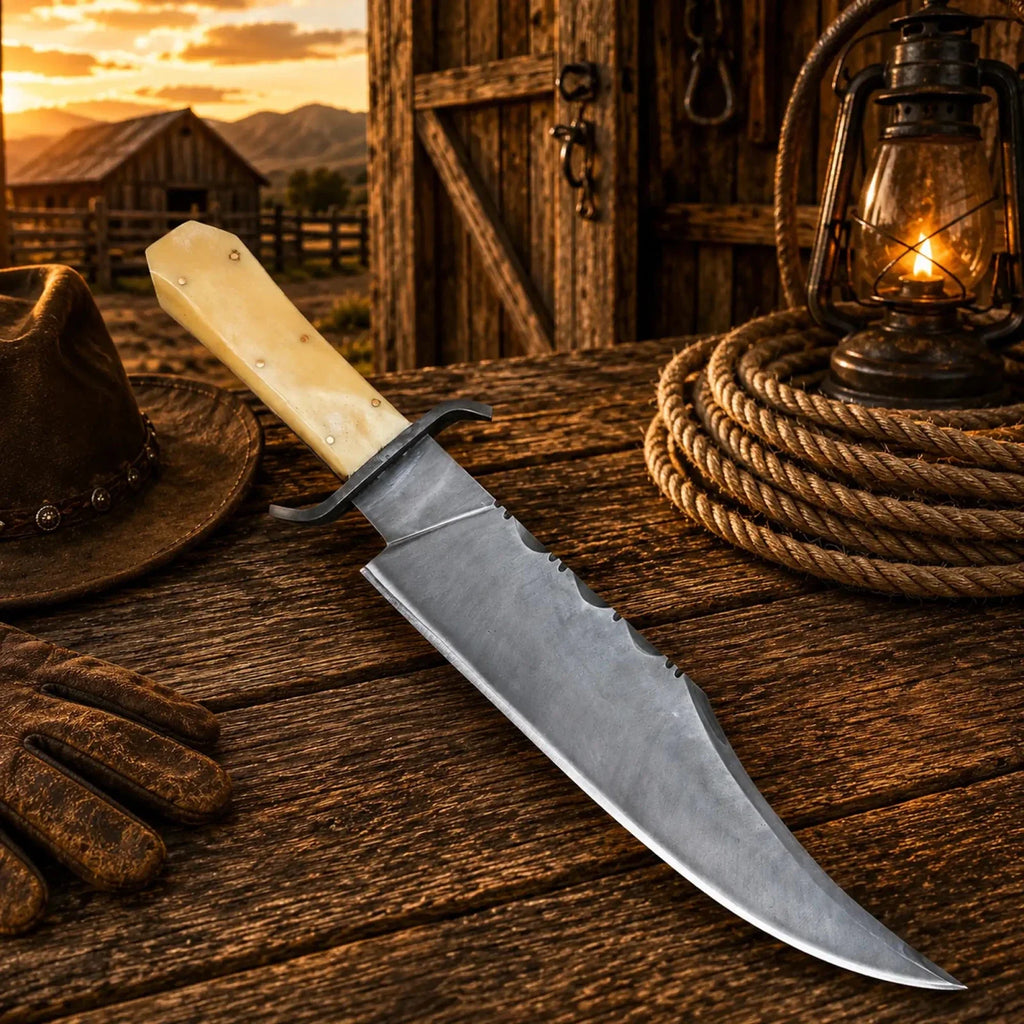 Juan Padillo Bowie knife with 5160 spring steel blade and bone handle, featuring Damascus-style design by SHAM KNIVES.