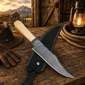 Juan Padillo Bowie Knife with 5160 spring steel blade and bone handle, featuring Damascus steel accents, by SHAM KNIVES