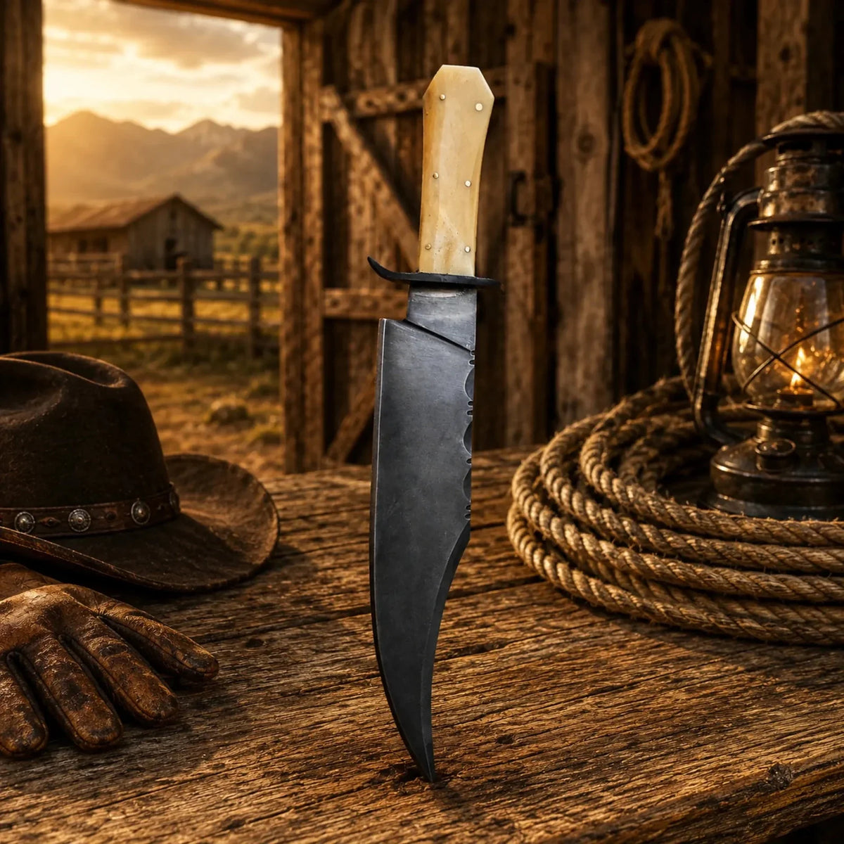 SHAM KNIVES Juan Padillo Bowie Knife with 5160 spring steel blade and bone handle, Damascus-style design.