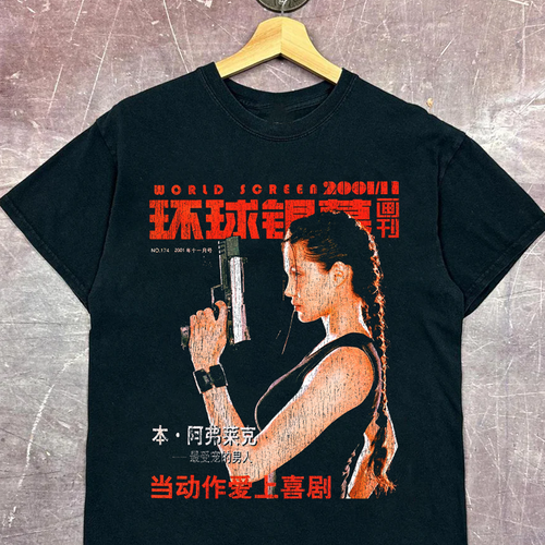 Black Laura Croft Japanese promo vintage T-shirt by Parallel featuring graphic artwork on the front.