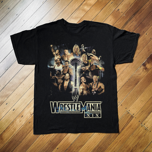 Black WrestleMania XIX T-shirt by Parallel featuring bold graphic design for wrestling fans.