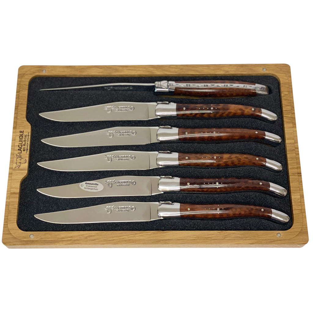 Laguiole en Aubrac Handcrafted 6-Piece Steak Knife Set with Amourette Snakewood Handles