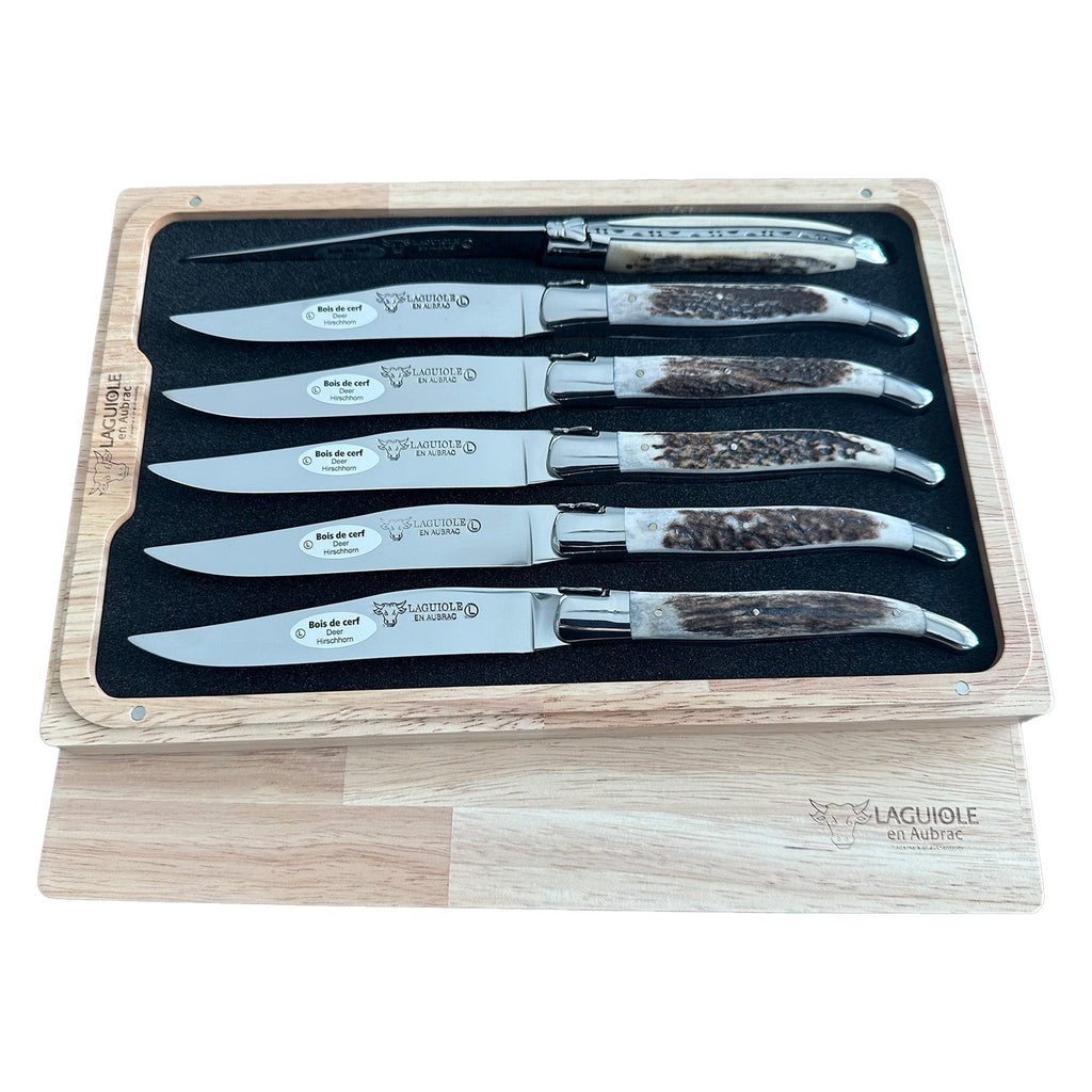 Laguiole en Aubrac Handcrafted 6-Piece Steak Knife Set with Deer Antler Handles