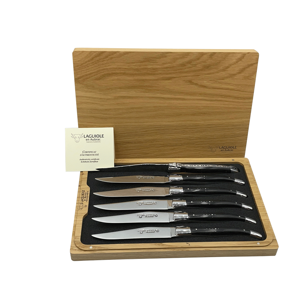 Laguiole en Aubrac Handcrafted 6-Piece Steak Knife Set with Ebony Handles, Polished Bolsters