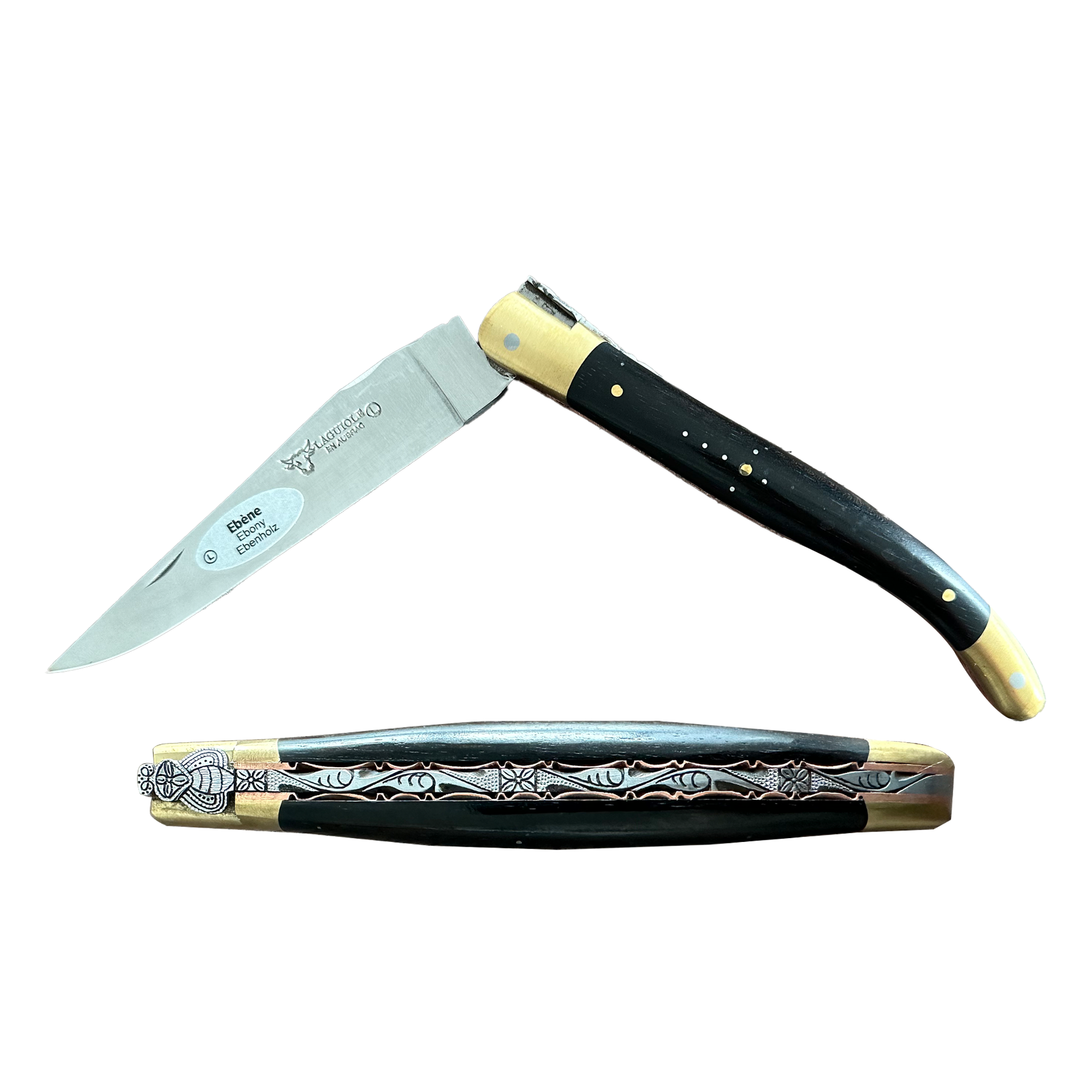Laguiole en Aubrac Le Bijou Luxury Multipurpose Knife, 4.8-in (12cm), Ebony Wood Handle, With  Brass Bolsters, And Two Copper Plates
