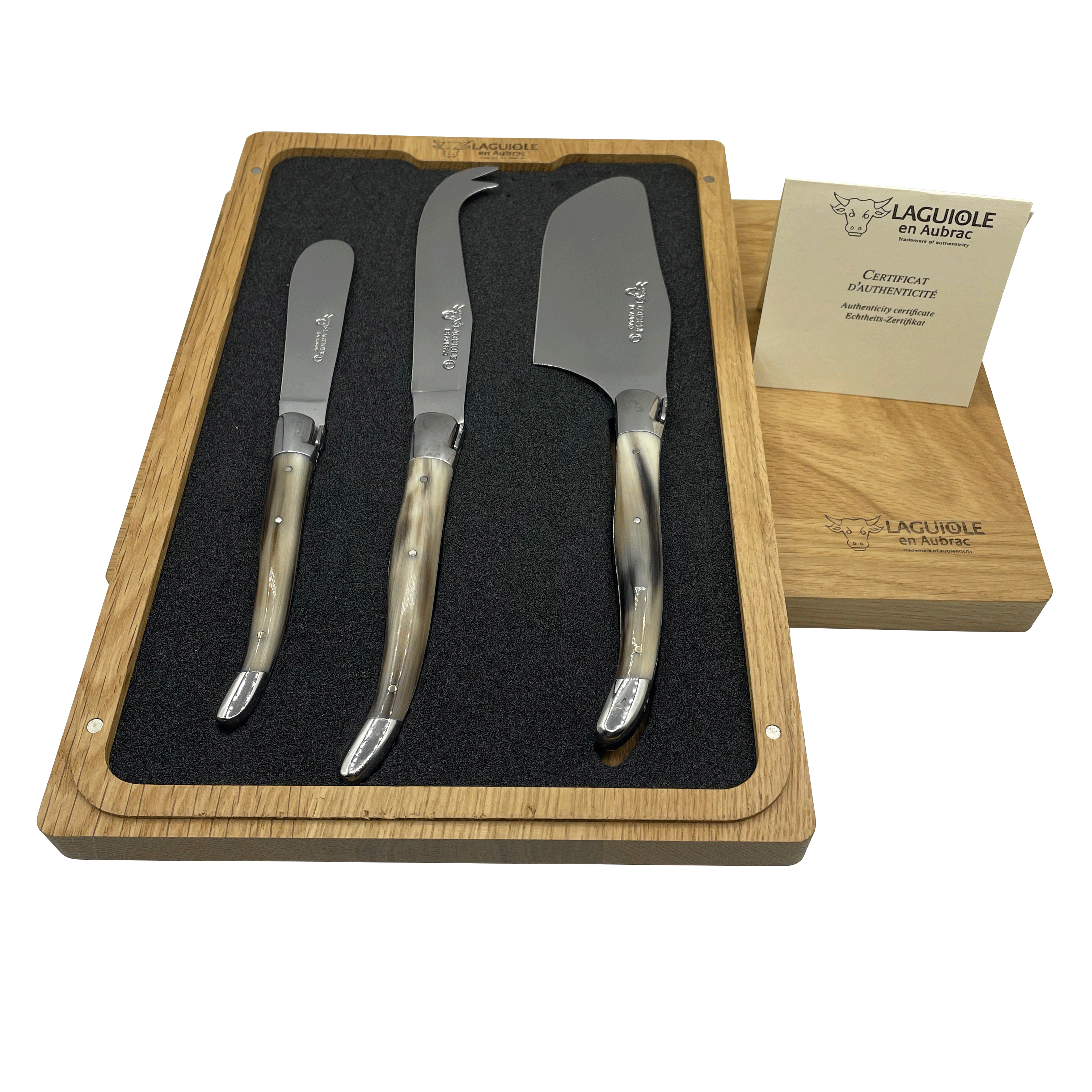 Laguiole en Aubrac Handcrafted 3-Piece Cheese Knife Set with Solid Horn Handles