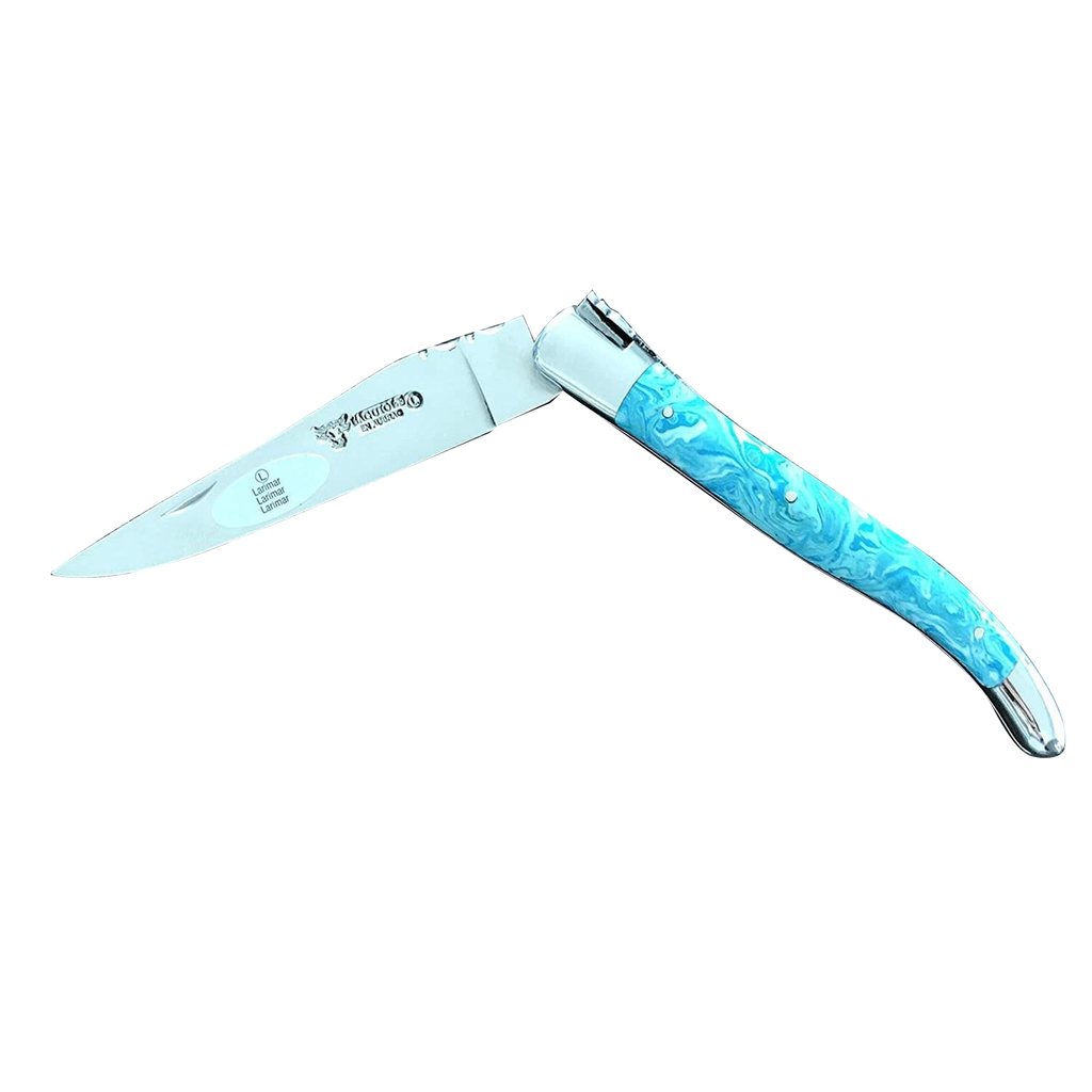 Laguiole en Aubrac Handcrafted Plates Multipurpose Knife with Shiny Bolsters, Larimar Handle, 4.75 inches