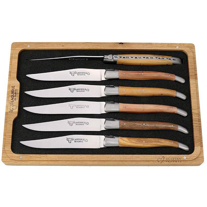 Laguiole en Aubrac Handcrafted 6-Piece Steak Knife Set with Mixed French Wood Handles