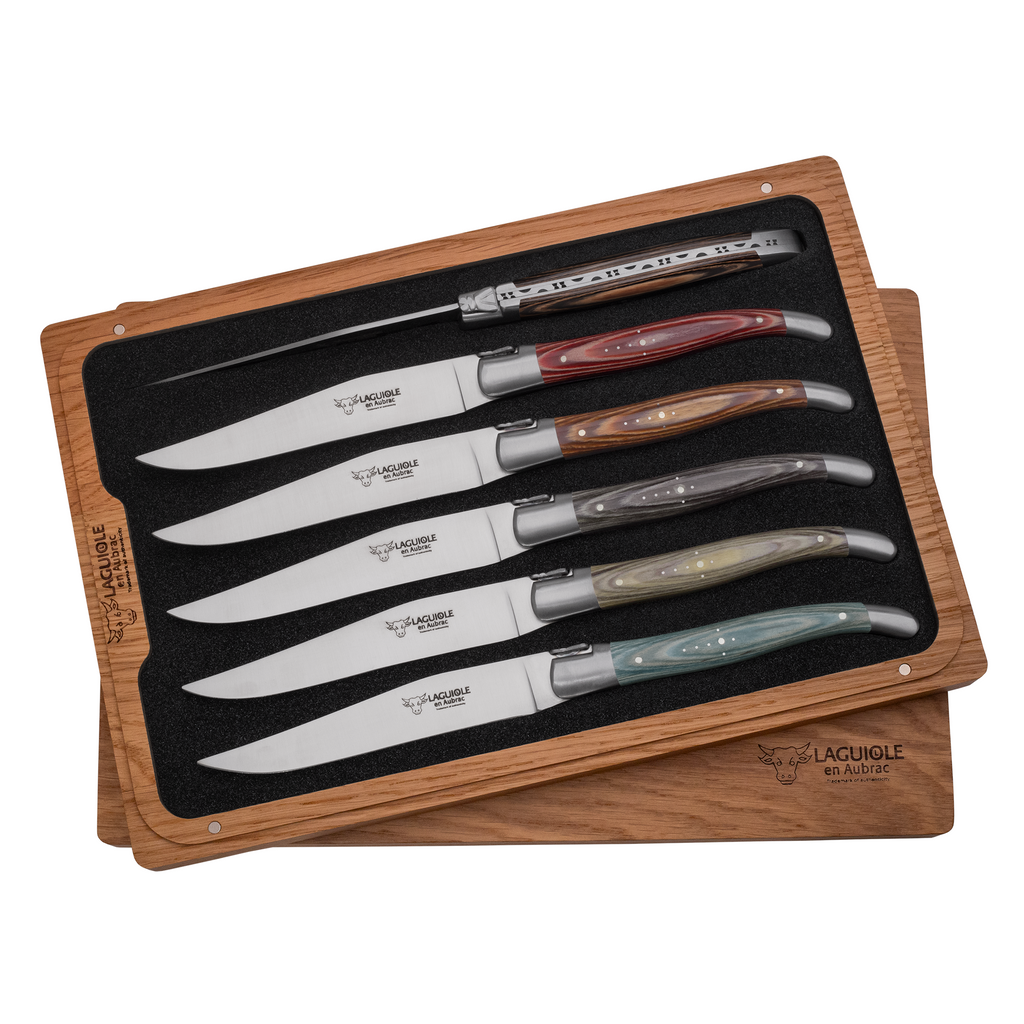 Laguiole en Aubrac Handcrafted 6-Piece Steak Knife Set with Mixed Pakkawood Handles
