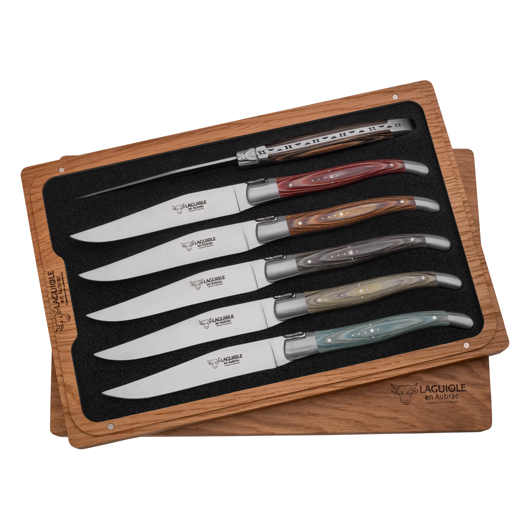 Laguiole en Aubrac Handcrafted 6-Piece Steak Knife Set with Mixed Pakkawood Handles