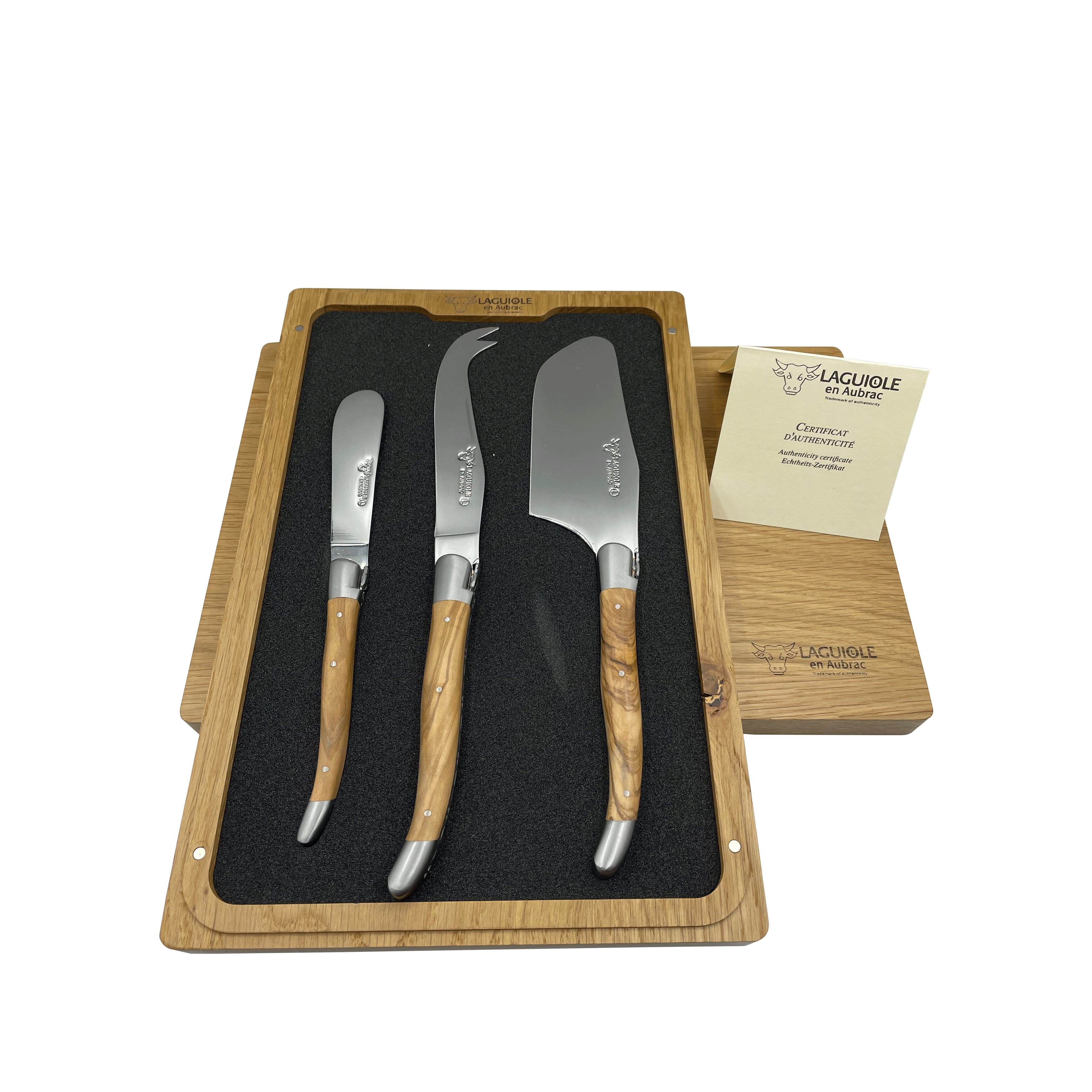 Laguiole en Aubrac Handcrafted 3-Piece Cheese Knife Set with Olivewood Handles