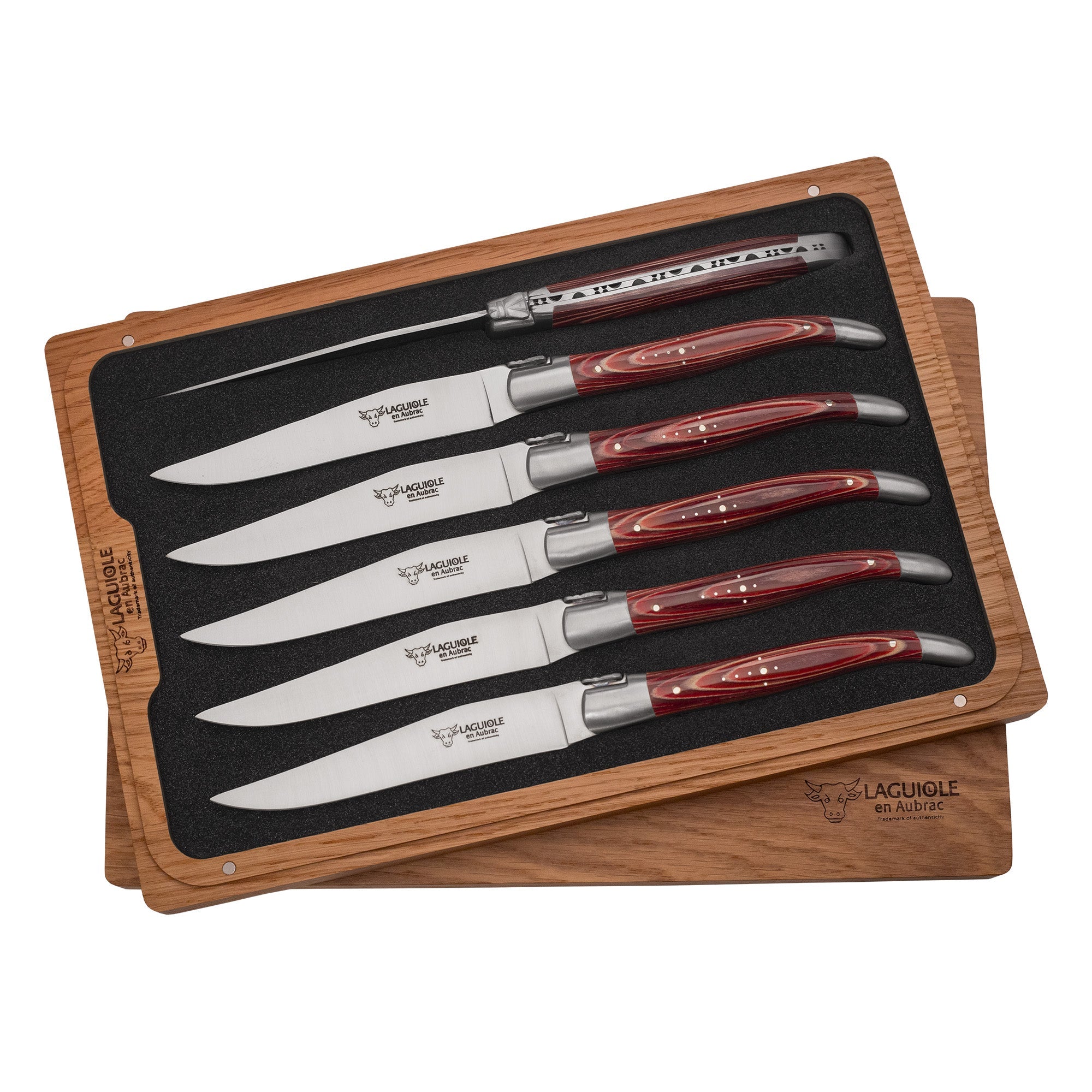 Laguiole en Aubrac Handcrafted 6-Piece Steak Knife Set with Red Pakkawood Handles