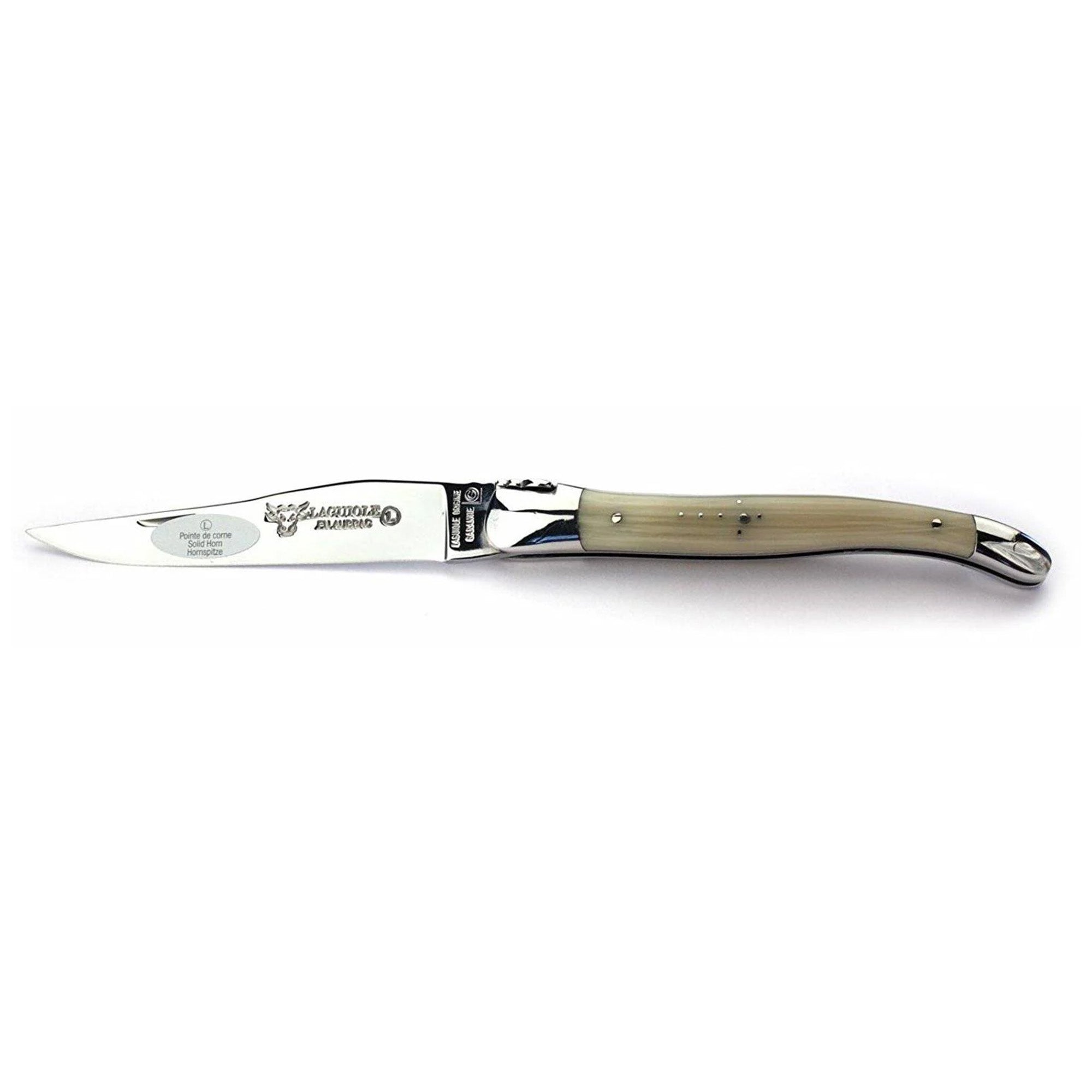 Laguiole en Aubrac Handcrafted Plates Multipurpose Knife with Shiny Bolsters, Solid Horn Handle, 4.75 inches