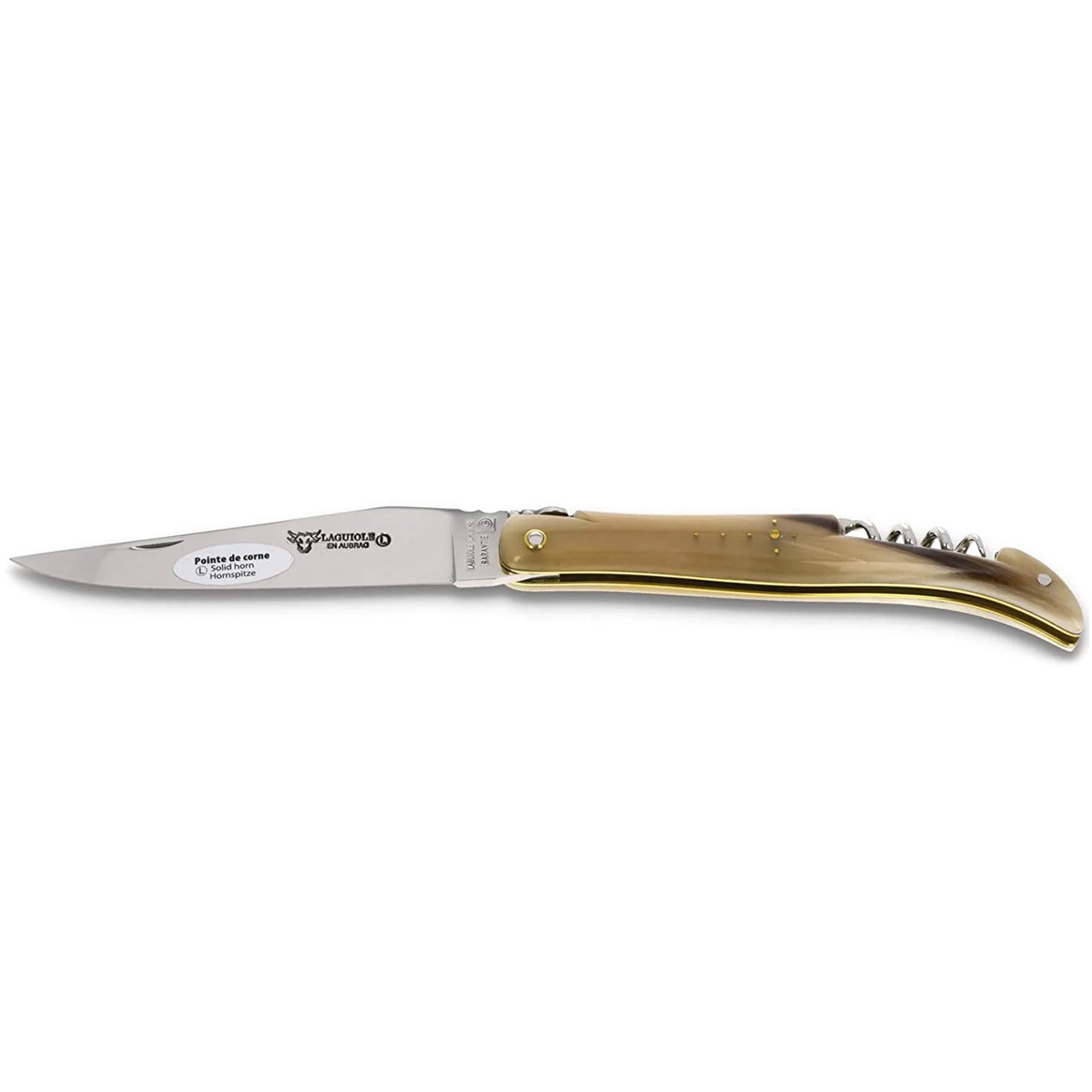 Laguiole en Aubrac Handcrafted Plated Multipurpose Knife, Full Solid Horn Handle with Corkscrew, 4.75 inches