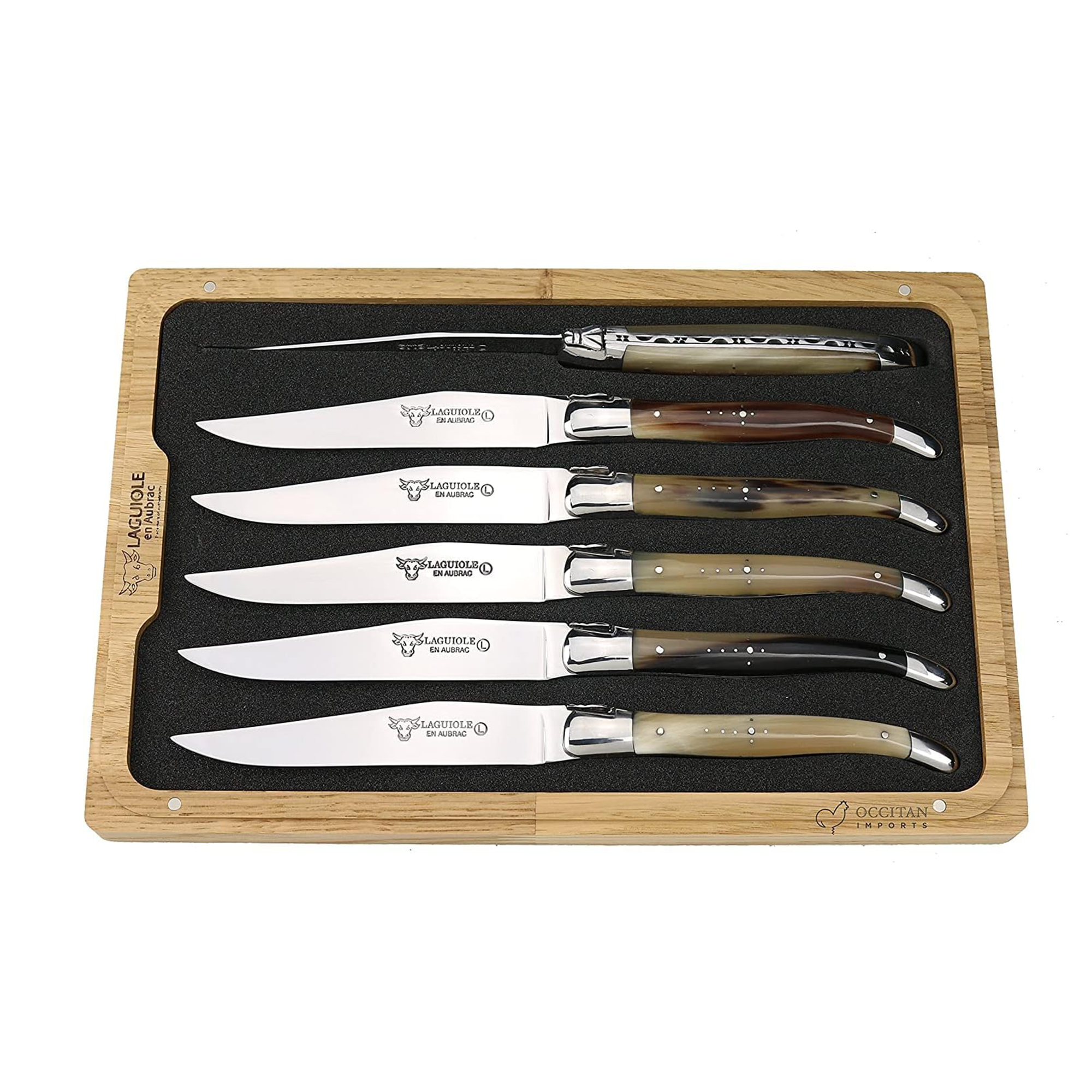 Laguiole en Aubrac 6-Piece Handcrafted French Steak Knife Set | Solid Horn Handles