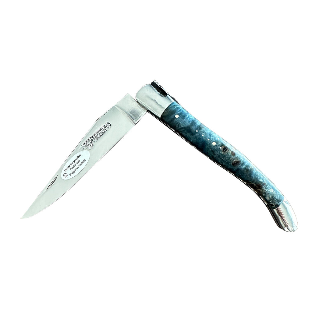 Laguiole en Aubrac Handcarved Plates Multipurpose Knife with Stabilized Blue Poplar Burl Handle, Polished Bolsters, 4.75-Inches