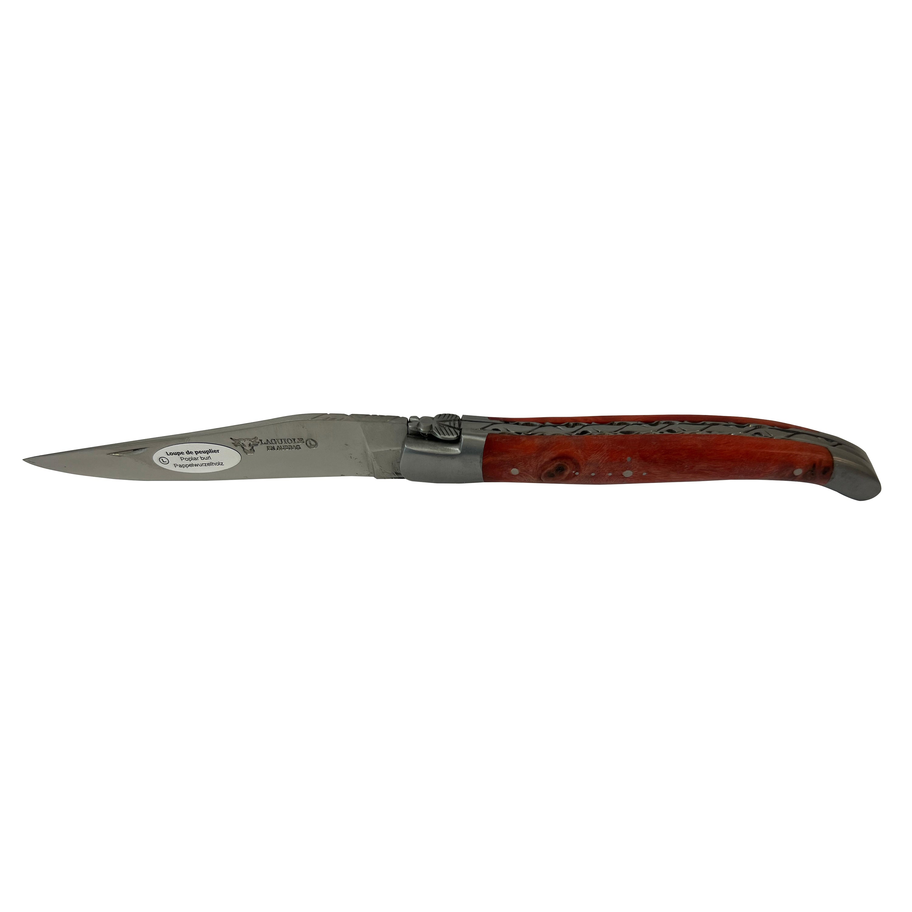 Laguiole en Aubrac Handcarved Plates Multipurpose Knife with Stabilized Red Poplar Burl Handle, 4.75-Inches