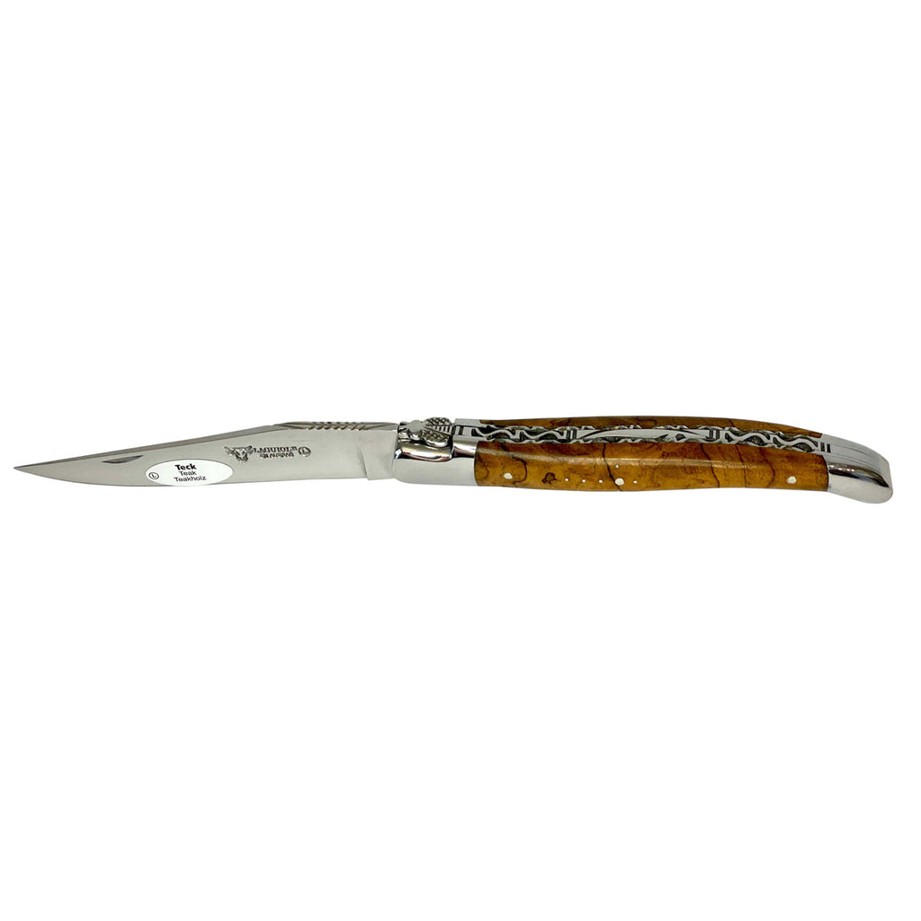 Laguiole en Aubrac Handcarved Plates Multipurpose Knife with Teak Wood Handle, 4.75-Inches
