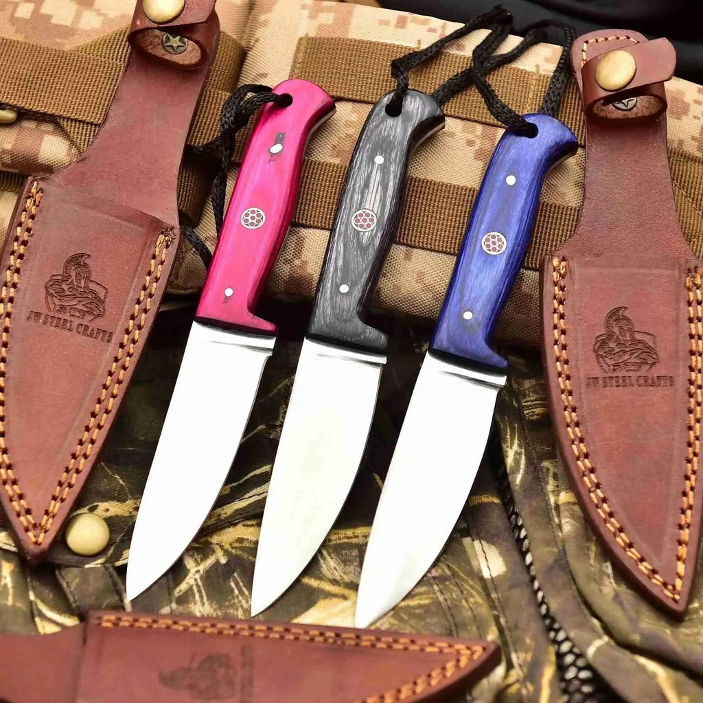 JW SteelCrafts Prairie Blade survival skinner knife with colorful handle options and leather sheath for outdoor use.