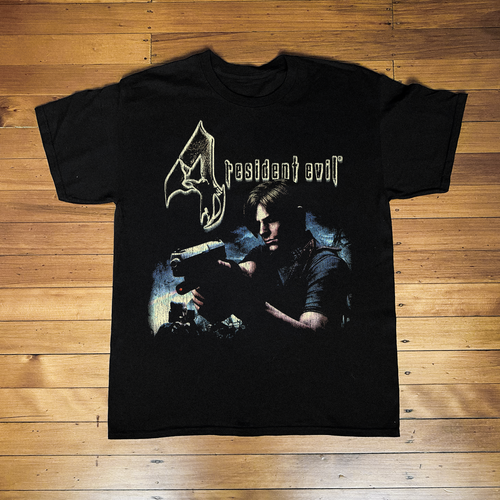 Black Resident Evil 4 PS2 T-shirt by Parallel featuring graphic print of game characters and logo on front.