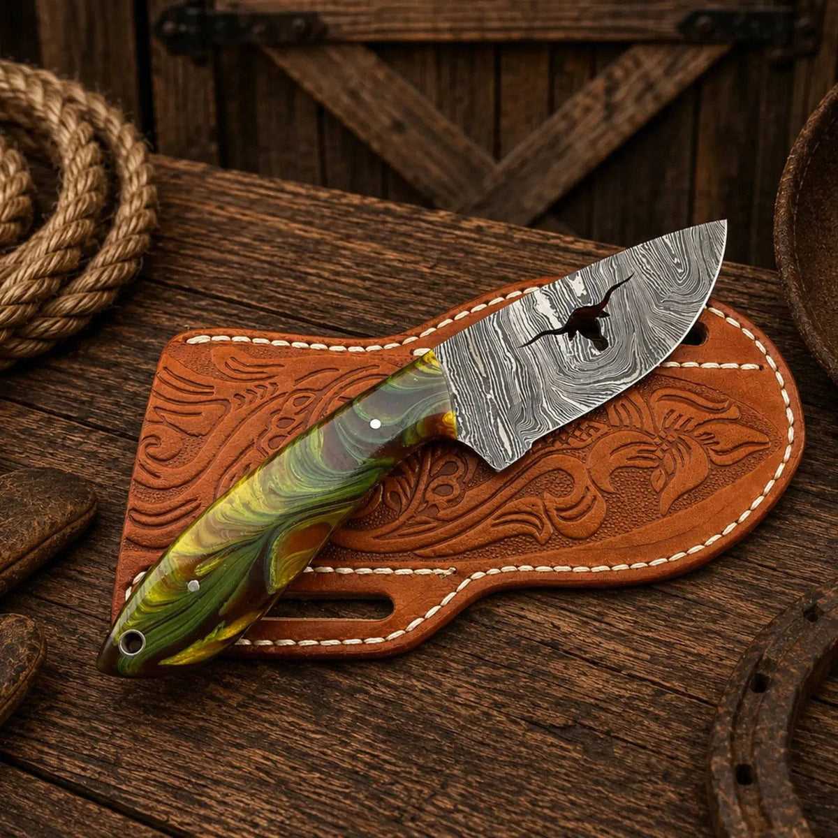 SHAM KNIVES Long Horn Cowboy hunting knife with handmade Damascus blade, resin handle, and sheath, ideal for hunting and outdoor use.