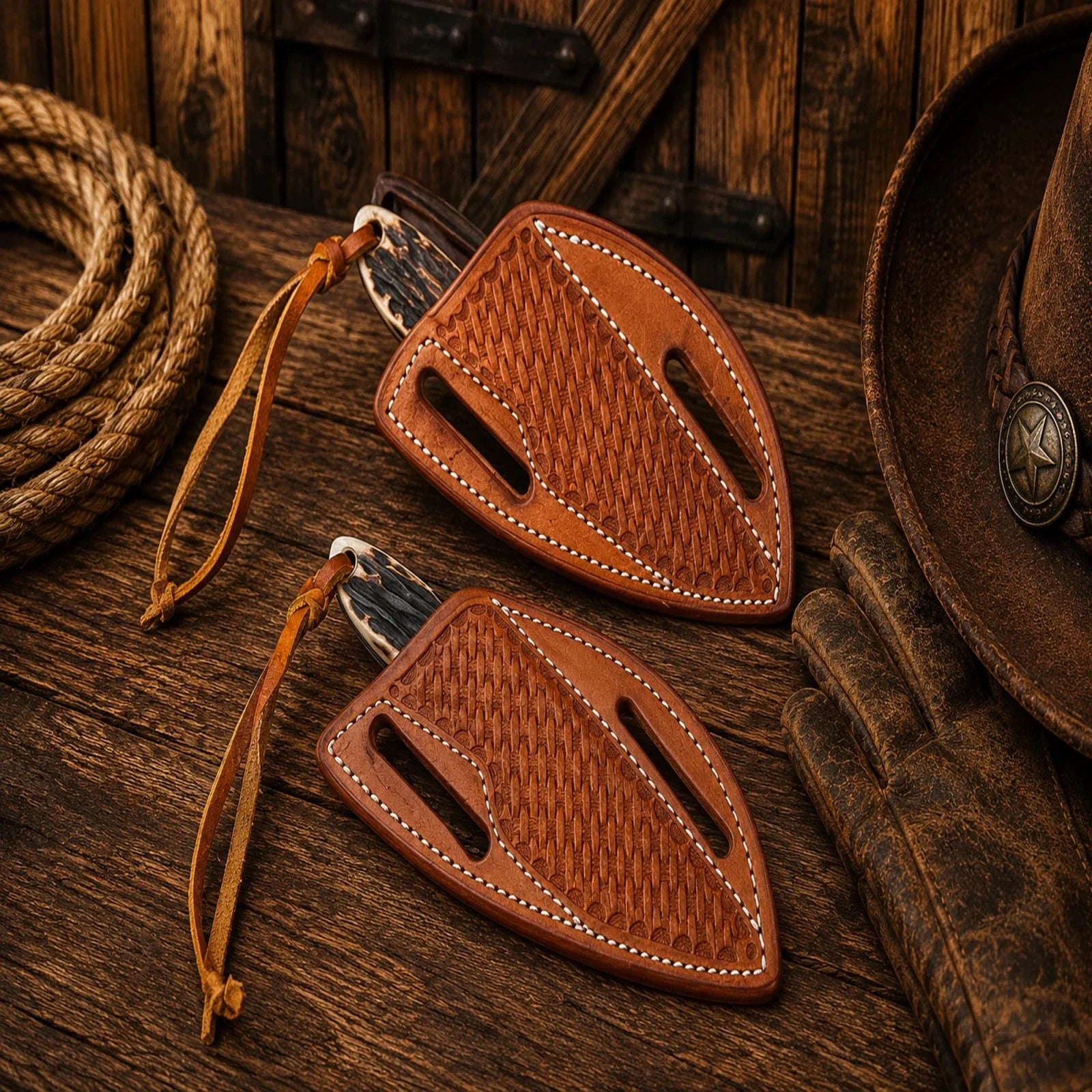 Longhorn Legacy Buckaroo Knife Set – Damascus Steel, Antler Wood Handle & Cross Draw Pancake Sheath