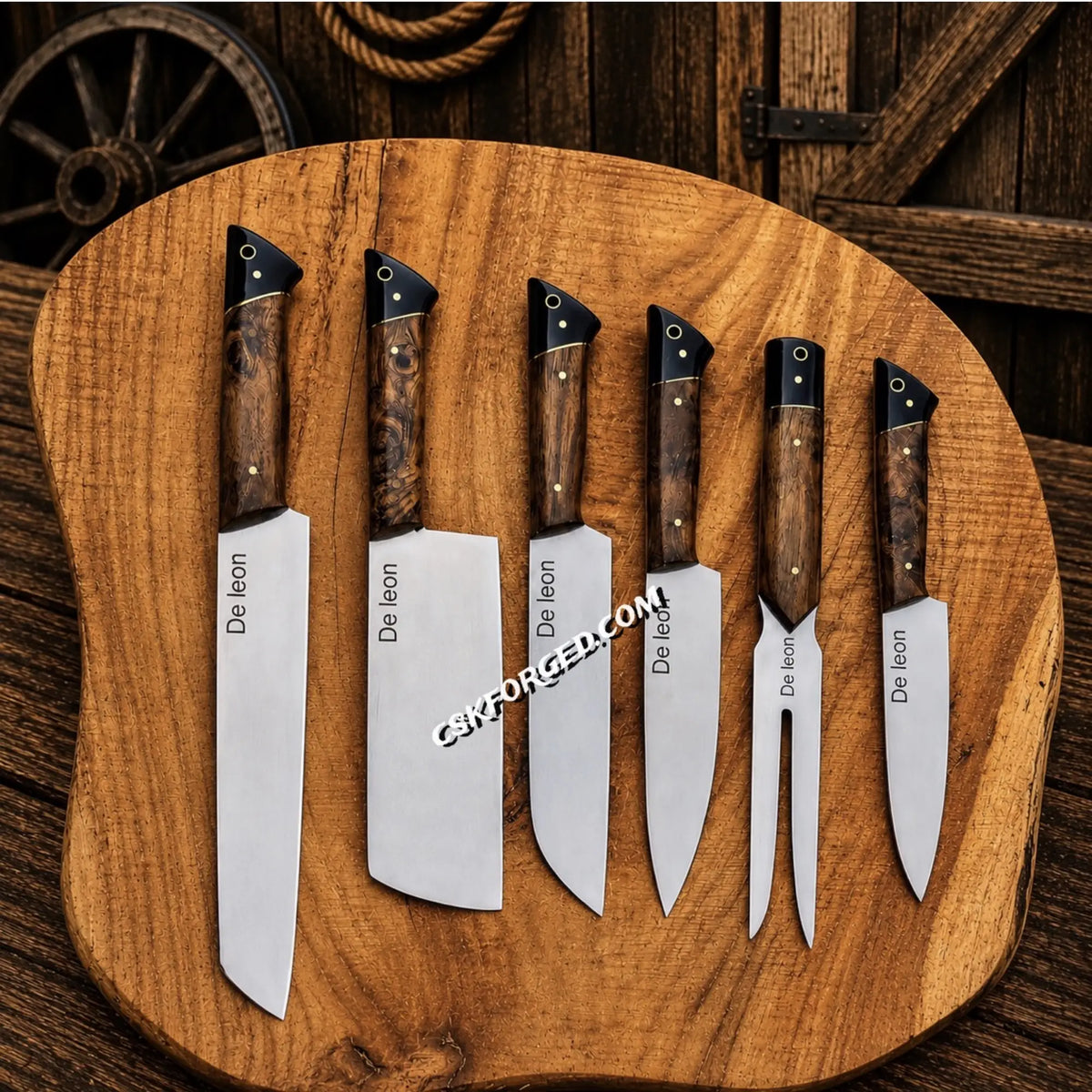 Cskforged Master Series D2 Steel Kitchen Knife Set with rosewood handles in a leather roll, ideal for BBQ and outdoor cooking.