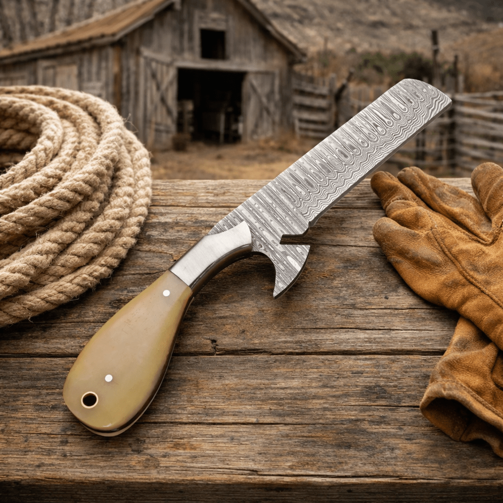 Hand-forged Damascus Cowboy Skinner Knife with leather sheath by SHAM KNIVES, featuring a rustic handle and durable blade.