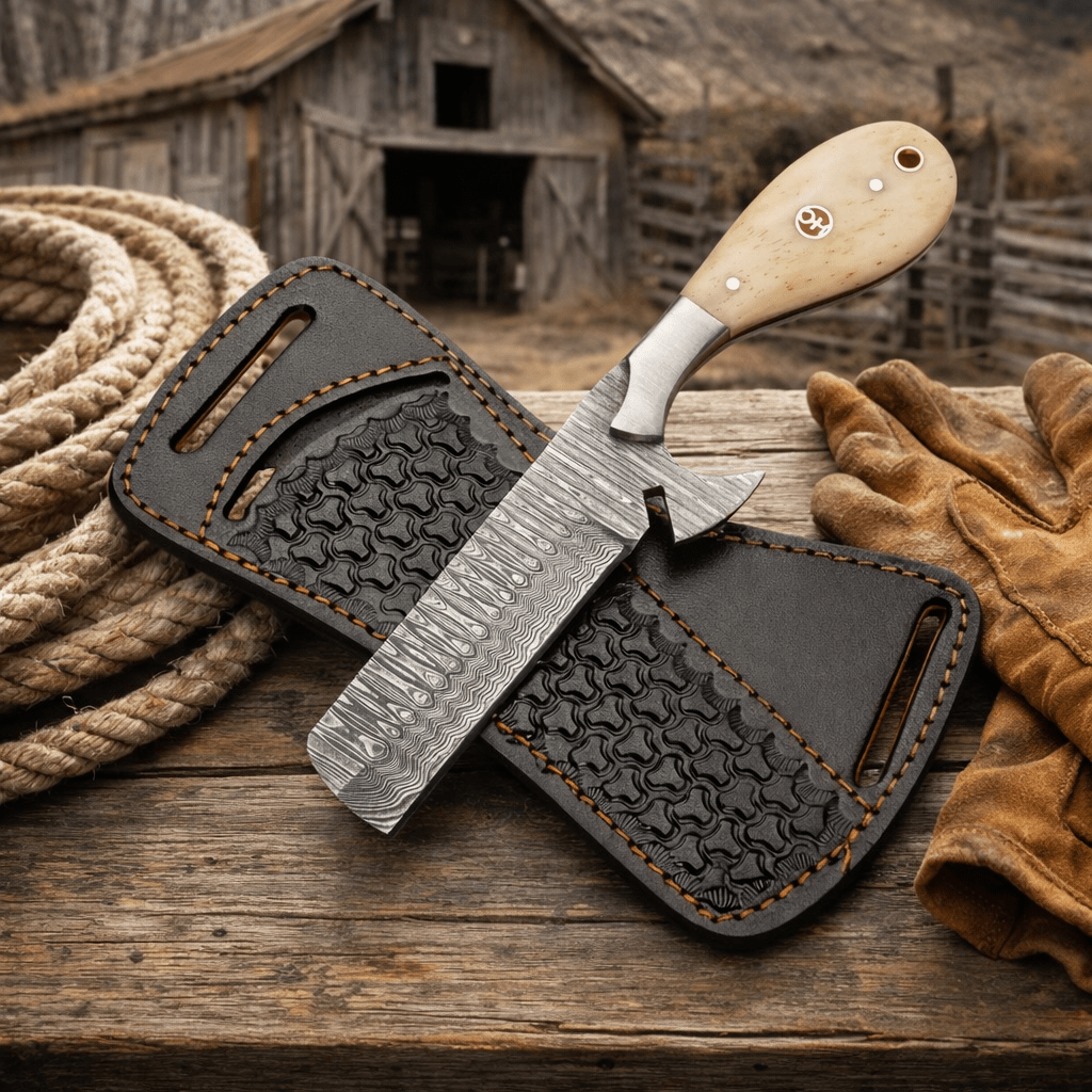 SHAM KNIVES Maverick Bull Cutter cowboy knife with hand-forged Damascus blade and leather sheath, perfect for skinning and outdoor use.