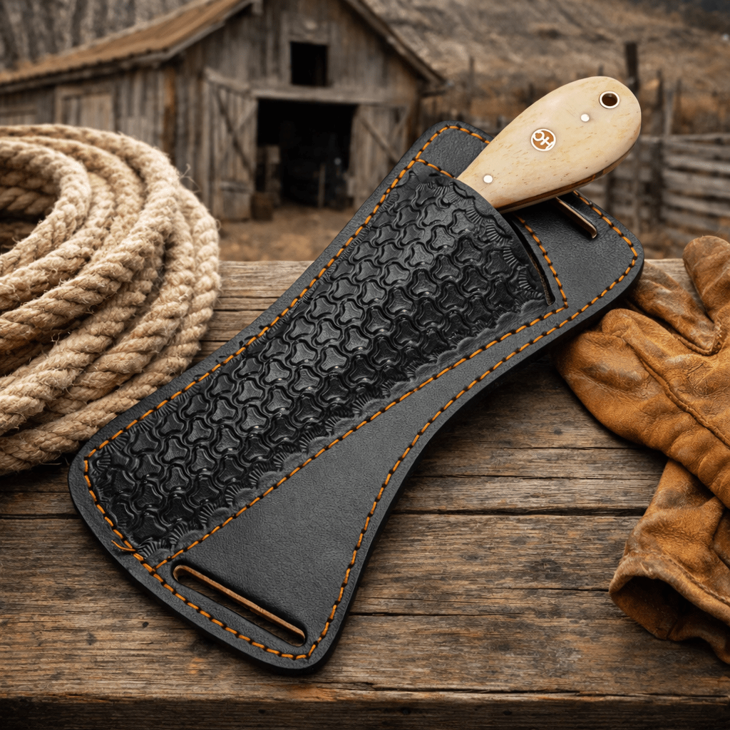 SHAM KNIVES Maverick Bull Cutter cowboy knife with hand-forged Damascus blade and leather sheath, designed for outdoor and hunting use.