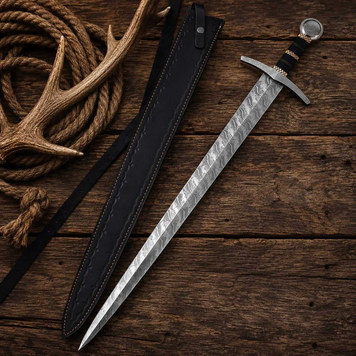 Damascus steel Viking sword with Mjolnir Fang design from CSK Forged, featuring a detailed blade and matching sheath.