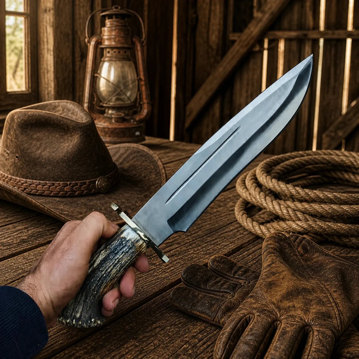 Muela Magnum Bowie knife with stag antler handle and sheath, featuring Damascus blade, by SHAM KNIVES.