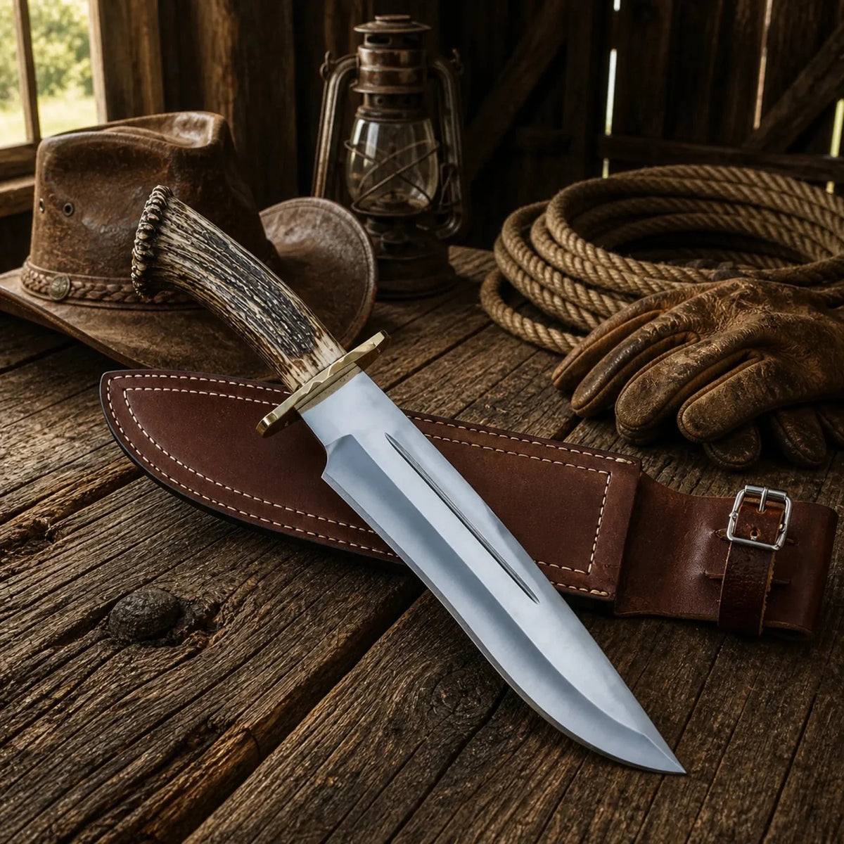 Muela Magnum Bowie knife with stag antler handle and sheath, featuring Damascus blade, by SHAM KNIVES.