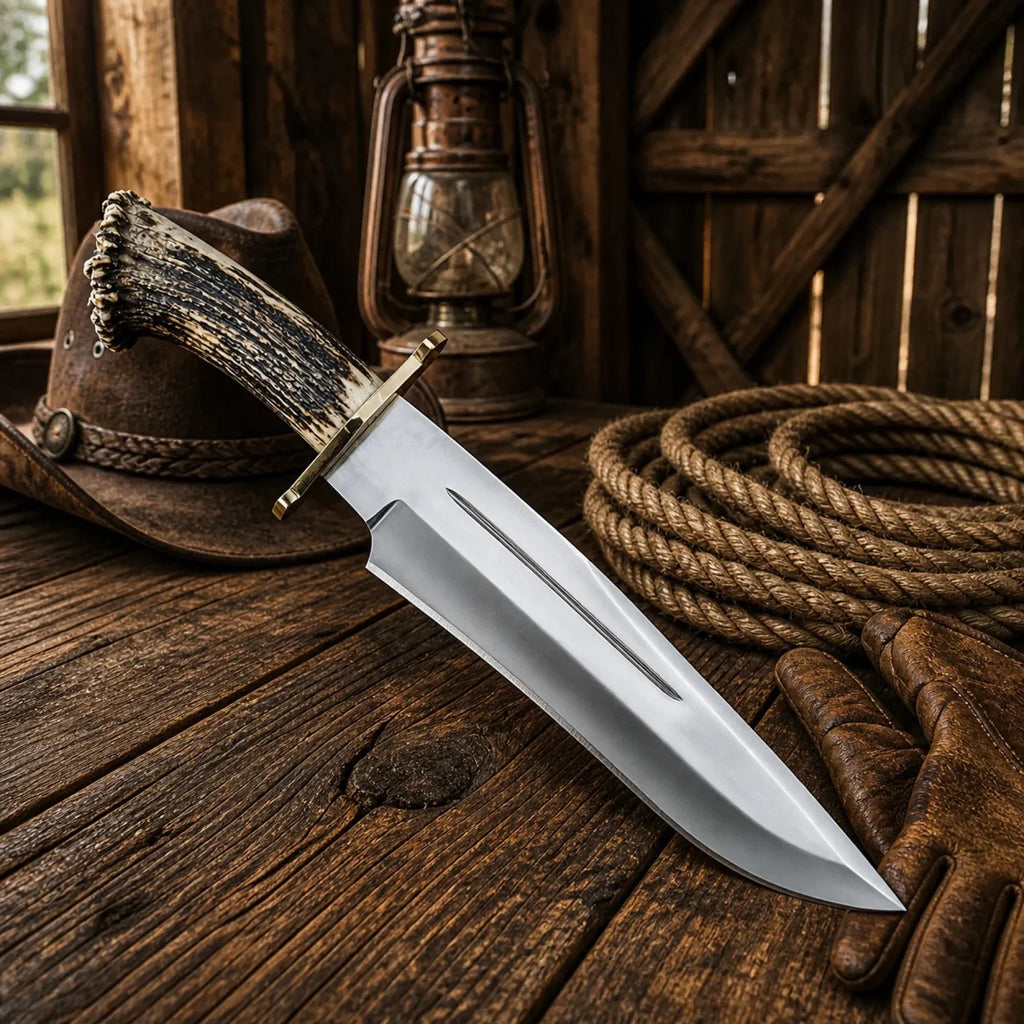 Muela Magnum Bowie Knife by SHAM KNIVES with stag antler handle and sheath, featuring a Damascus blade for outdoor or hunting use.