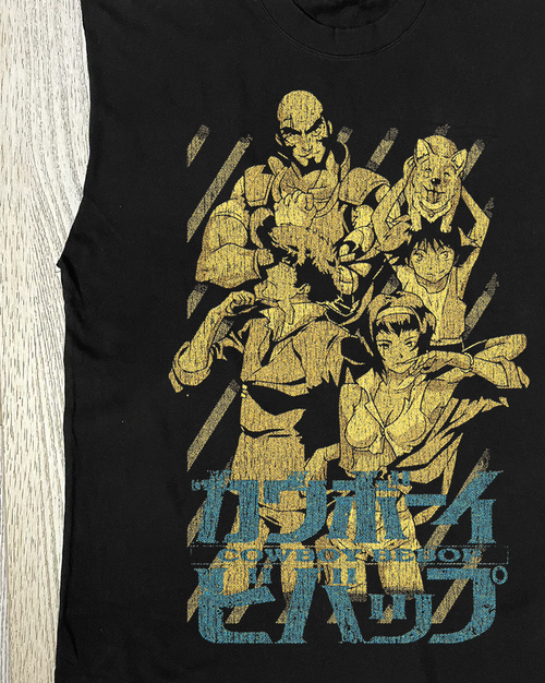 Black Cowboy Bebop cut-off T-shirt by Parallel featuring a close-up view of the shirt's design and fabric details.