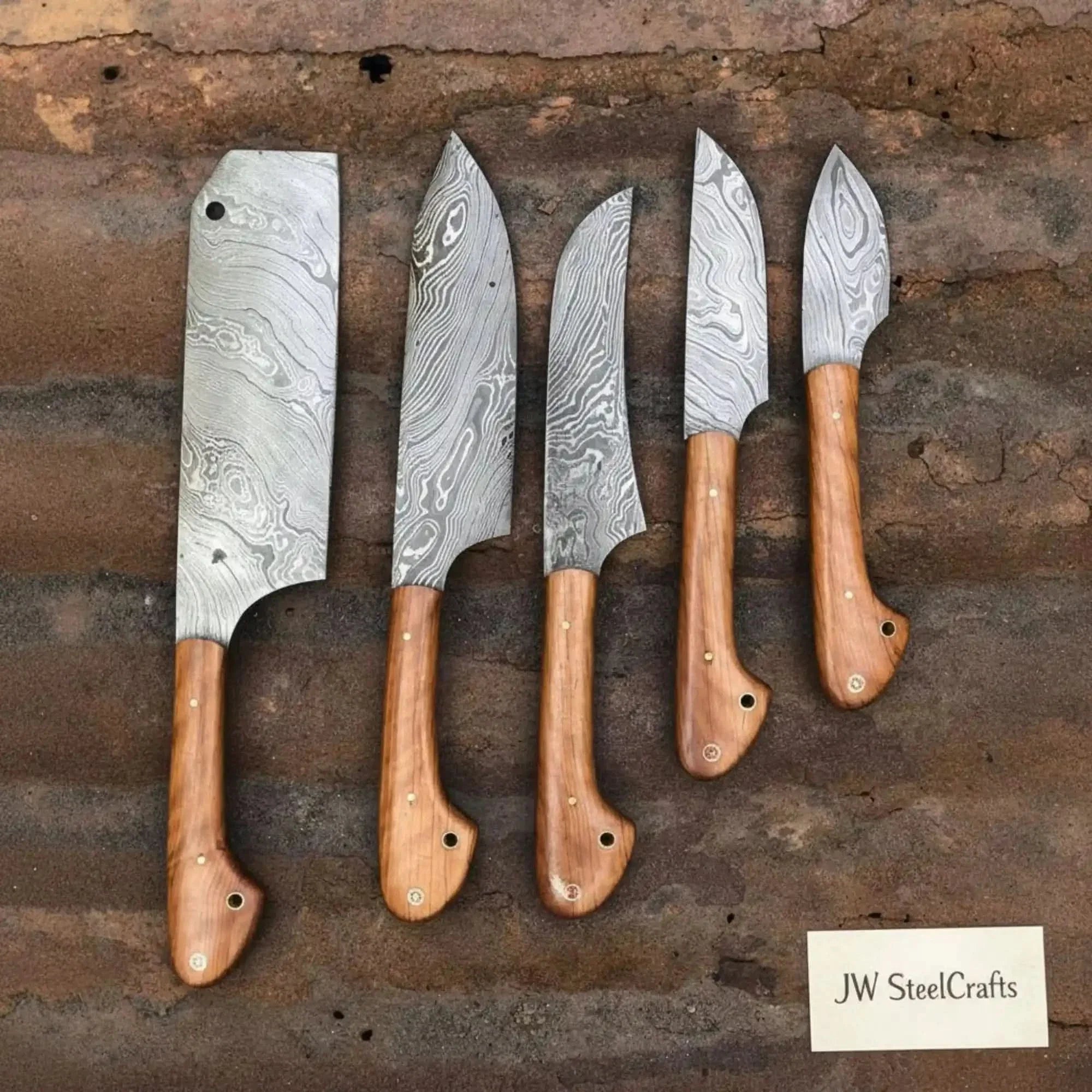 5-Piece Damascus Kitchen Knife Set Cleaver, Chef, Utility, Boning & Paring with Olive Wood Handles & Brass Pins