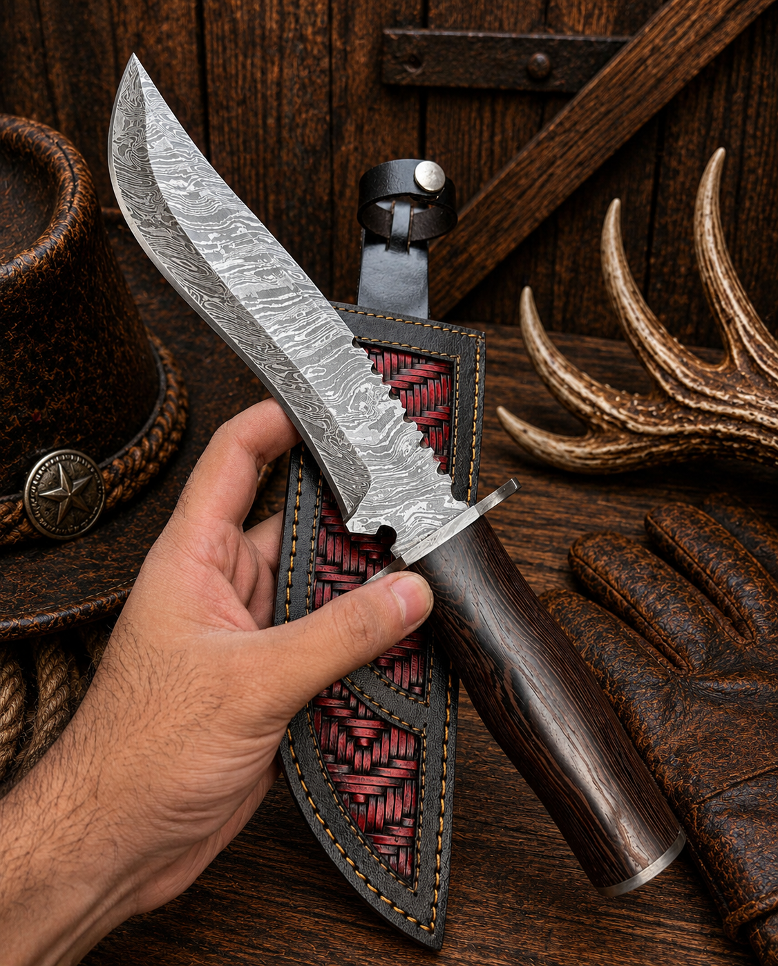 Damascus Steel Bowie knife with Wenge wood handle and leather sheath from SHAM KNIVES Nightwood Trail collection.