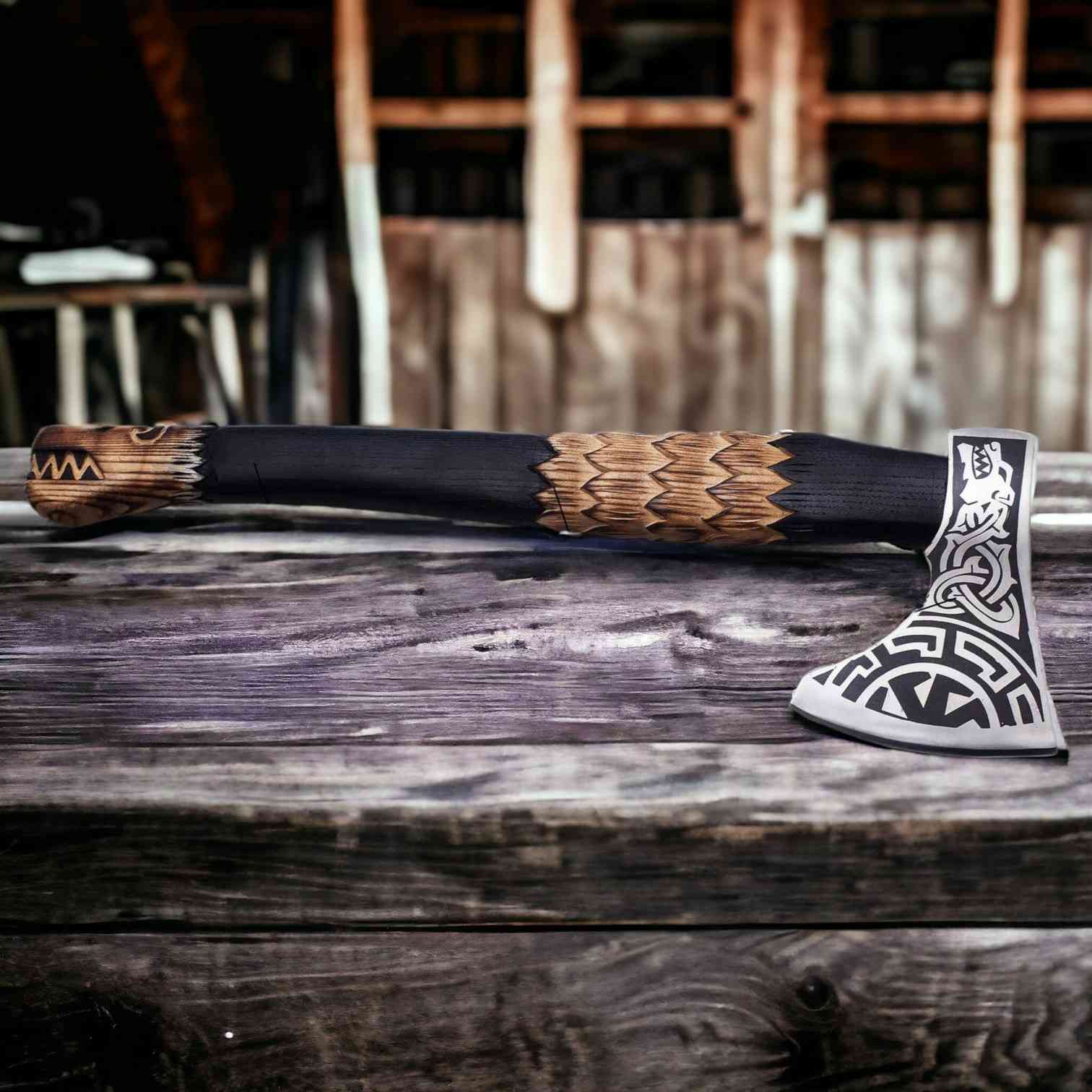 Norse Wolf Viking Axe – Hand-Forged 1075 Steel Bearded Axe with Ash Handle