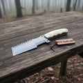 Handmade Damascus Combtooth Tracker Knife 10" with Bone Handle, Fixed Blade