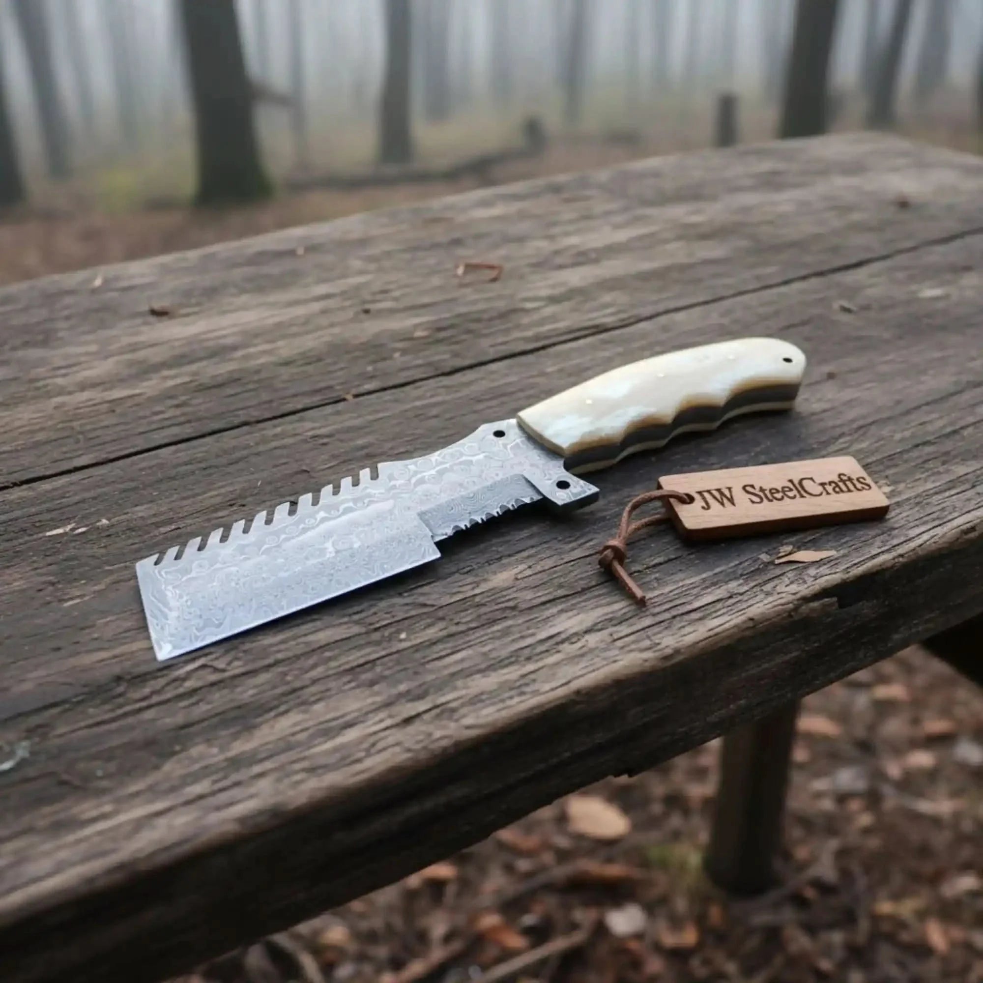 Handmade Damascus Combtooth Tracker Knife 10" with Bone Handle, Fixed Blade